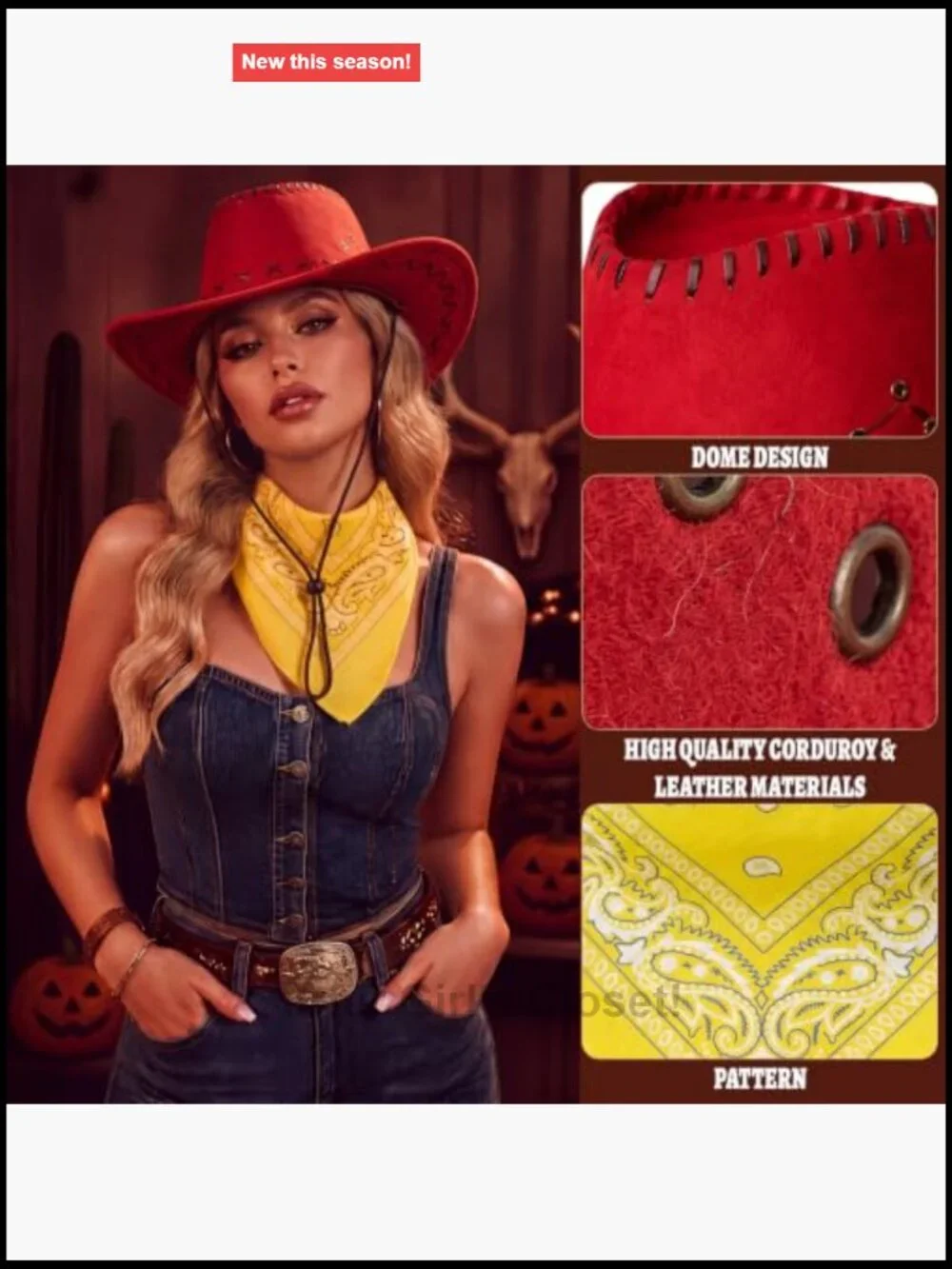 Cowgirl Costume Accessories Set with Red Hat and Paisley Bandana